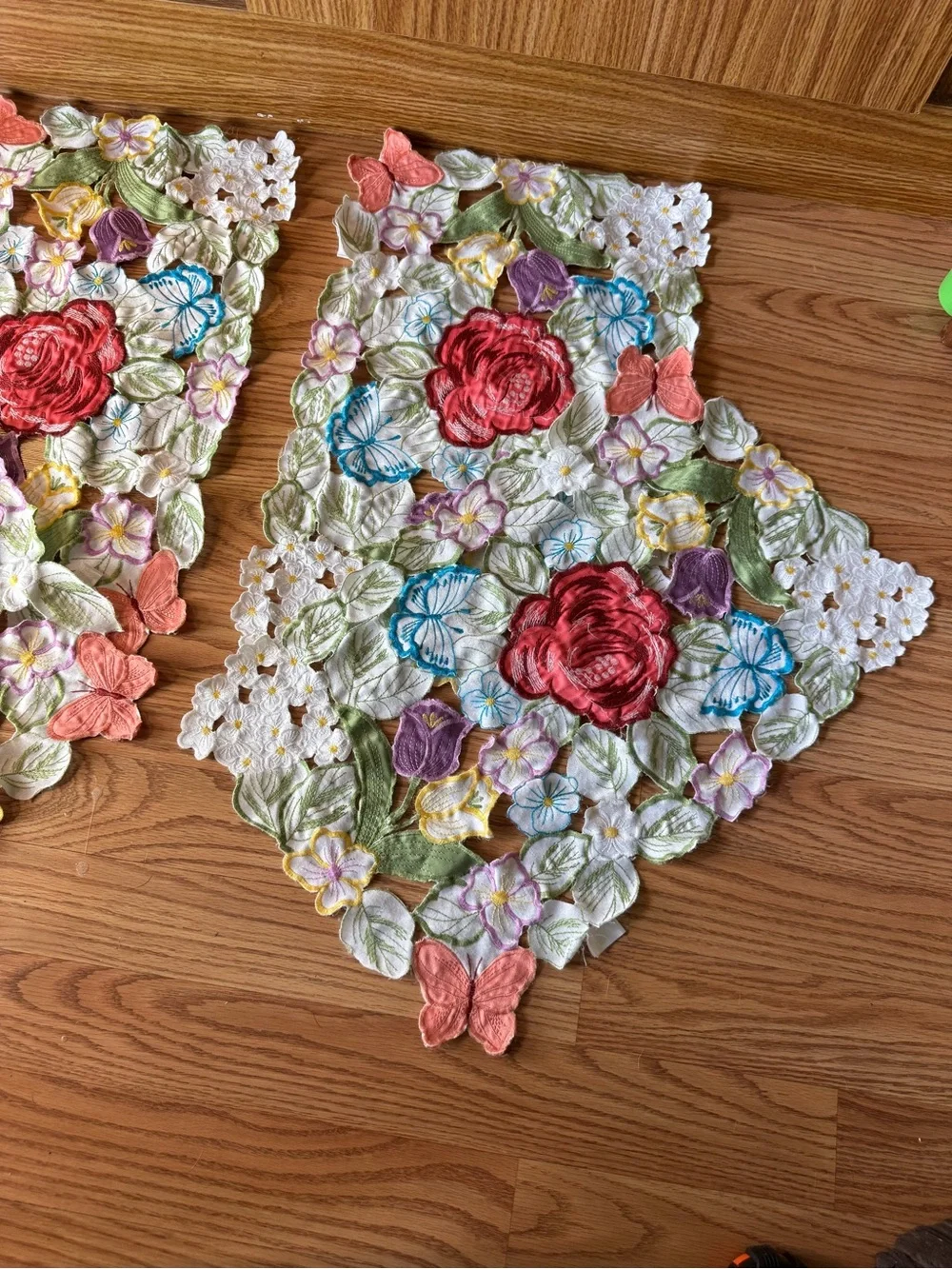 Vintage Set of Four multicolor embroidered floral & butterfly cutout placemats